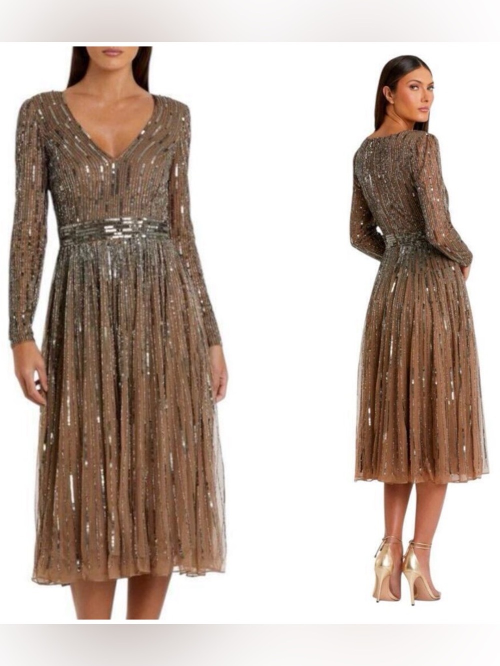 Mac Duggal 5528 Taupe Sequin Beaded Long Sleeve Midi Gown Dress $558 NWT